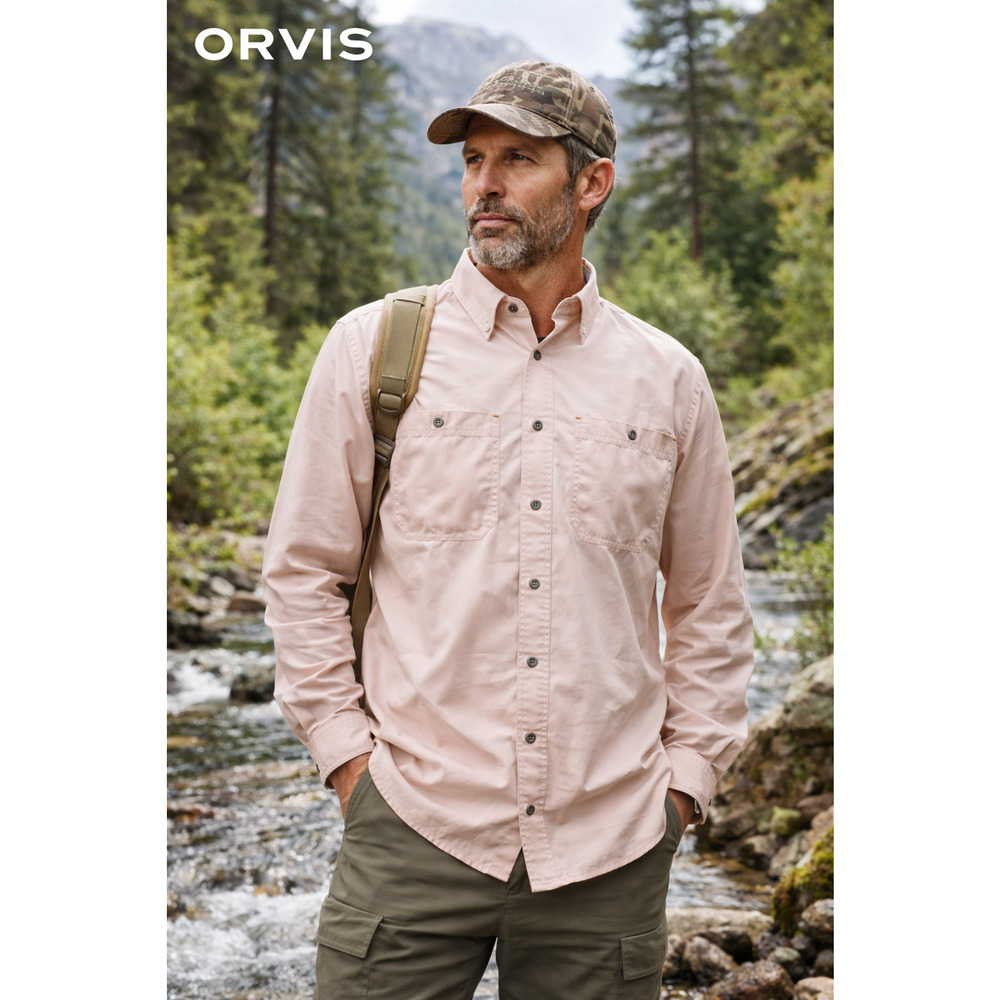 Orvis Shirt Mens Large Pink Vented Outdoors Polyester Fishing hiking Camp